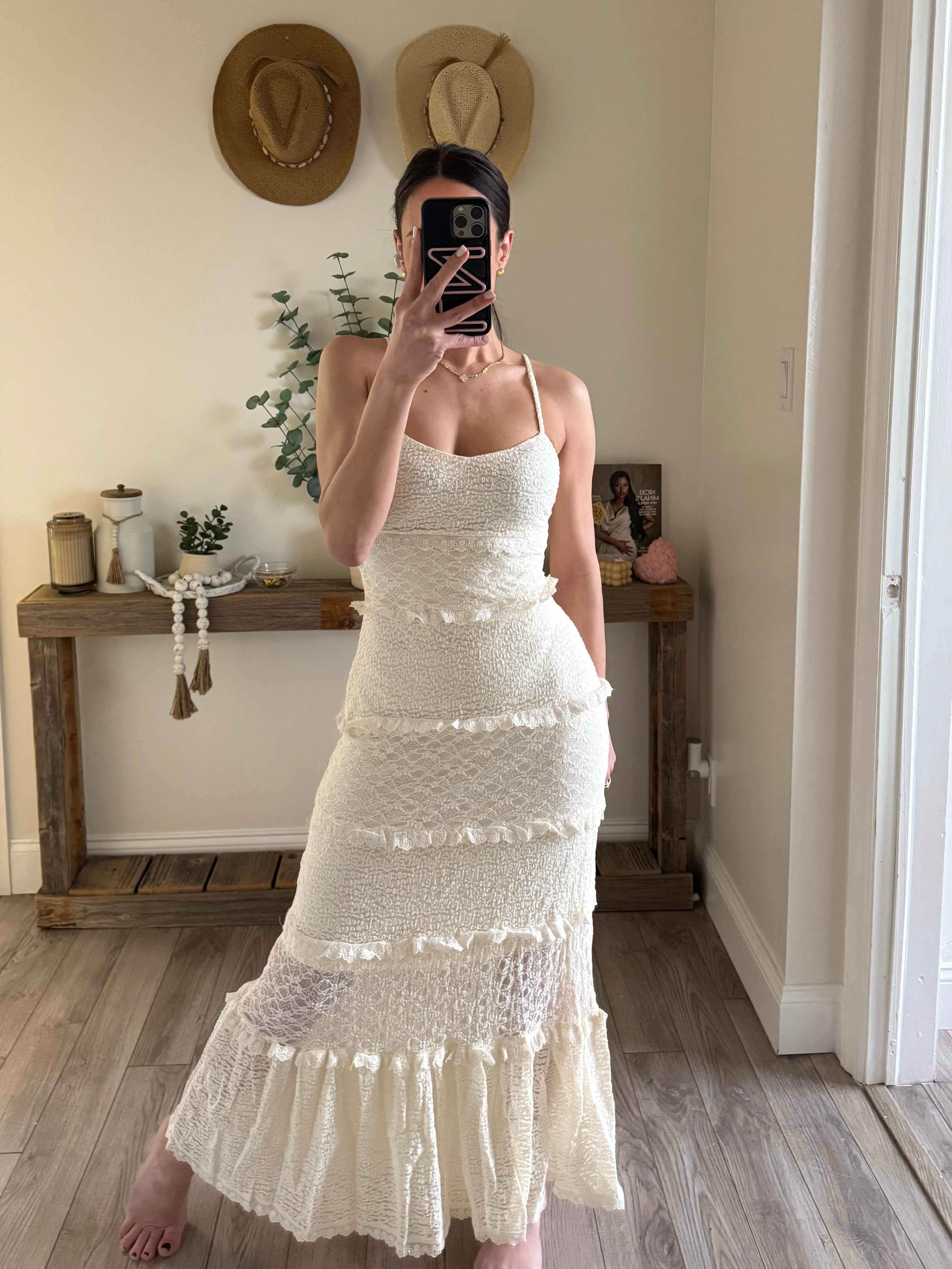 Cream Tiered Ruffled Lace Maxi Dress with Partial Lining Cream Tiered Ruffled Lace Maxi Dress with Partial Lining