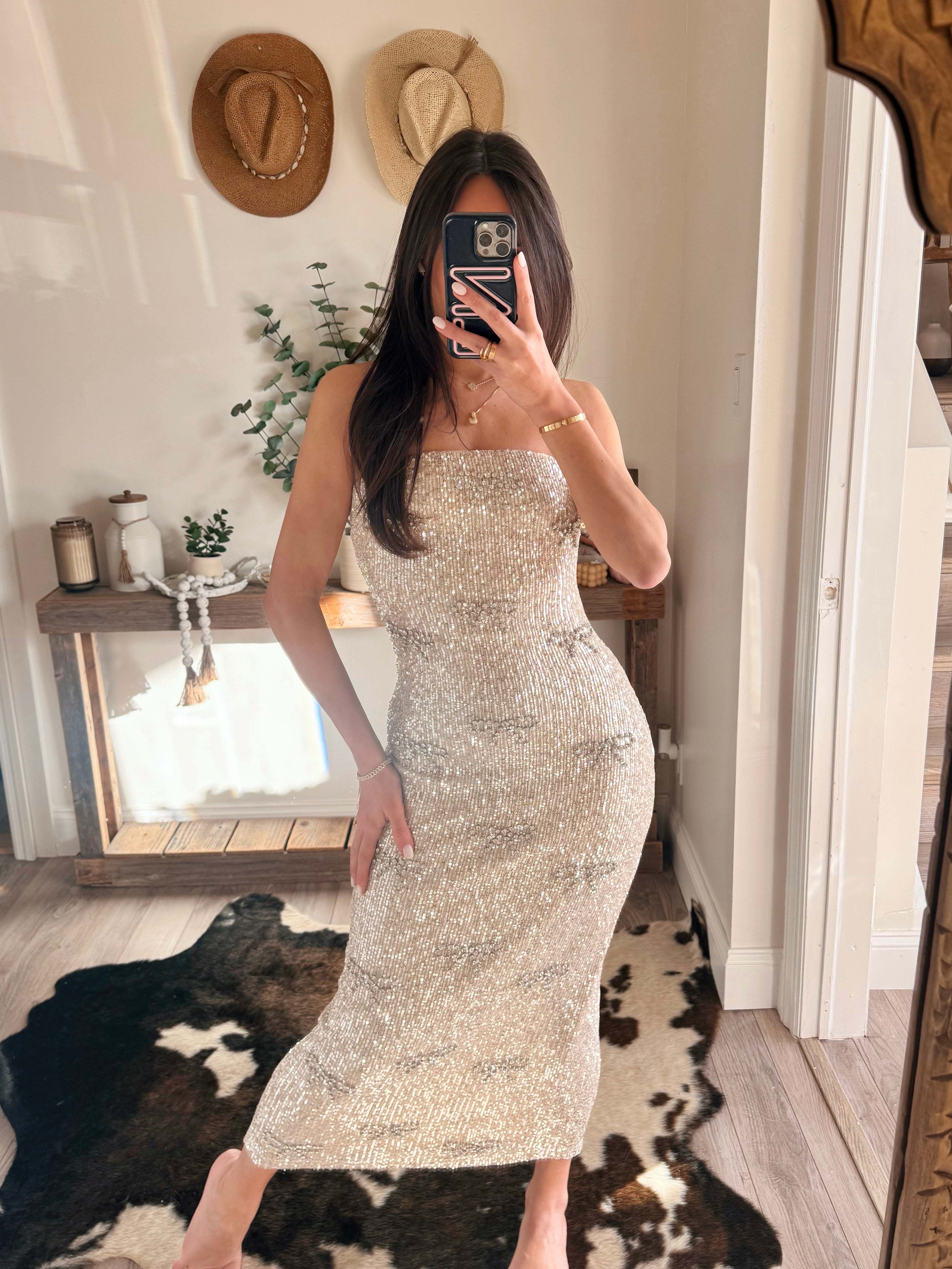 champagne sparkle dress Champagne Sequin Bow Tube Midi Dress M