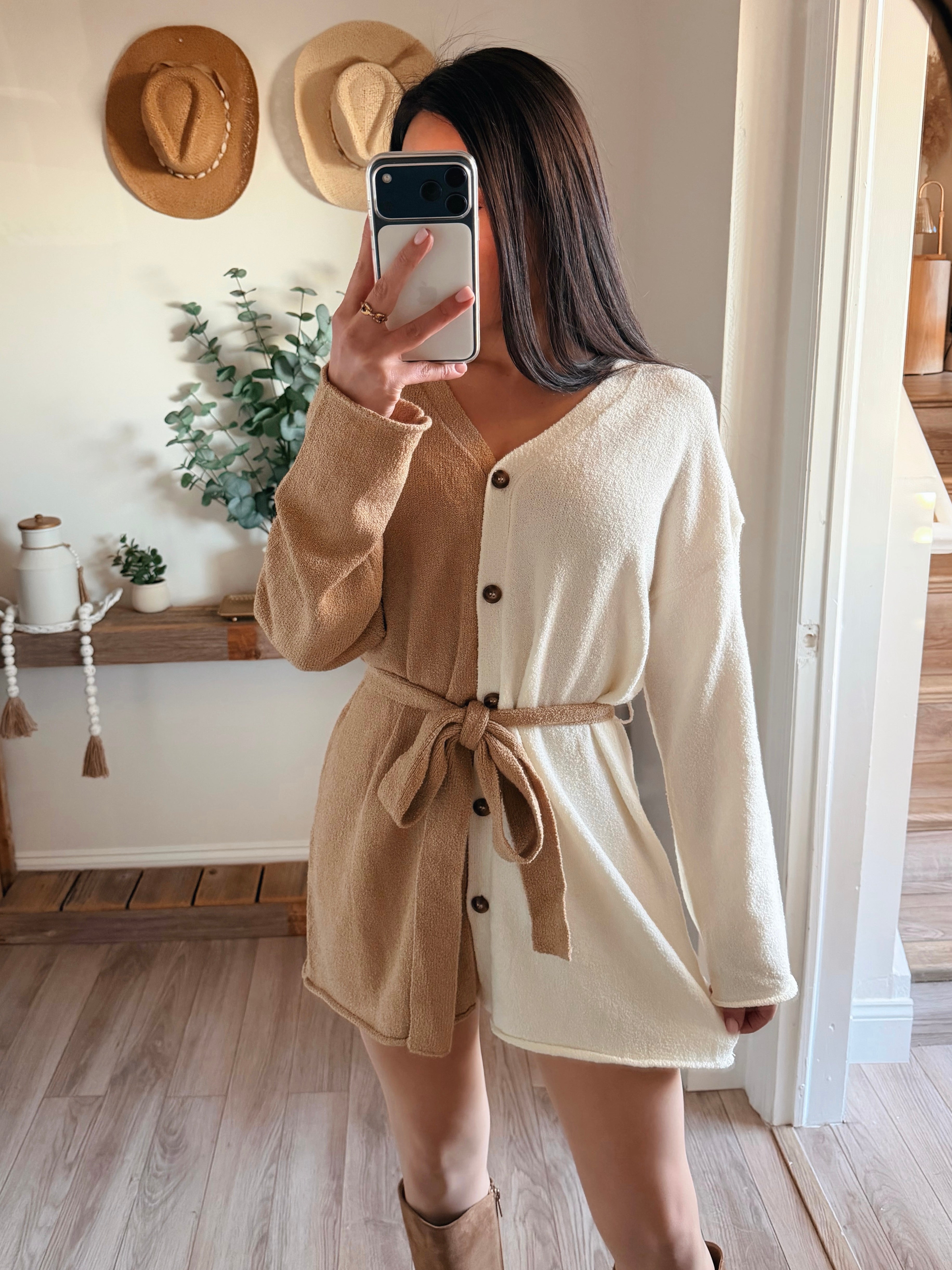 beige cardigan for dress Cream-Sand Knit Colorblock Belted Cardigan/Dress S