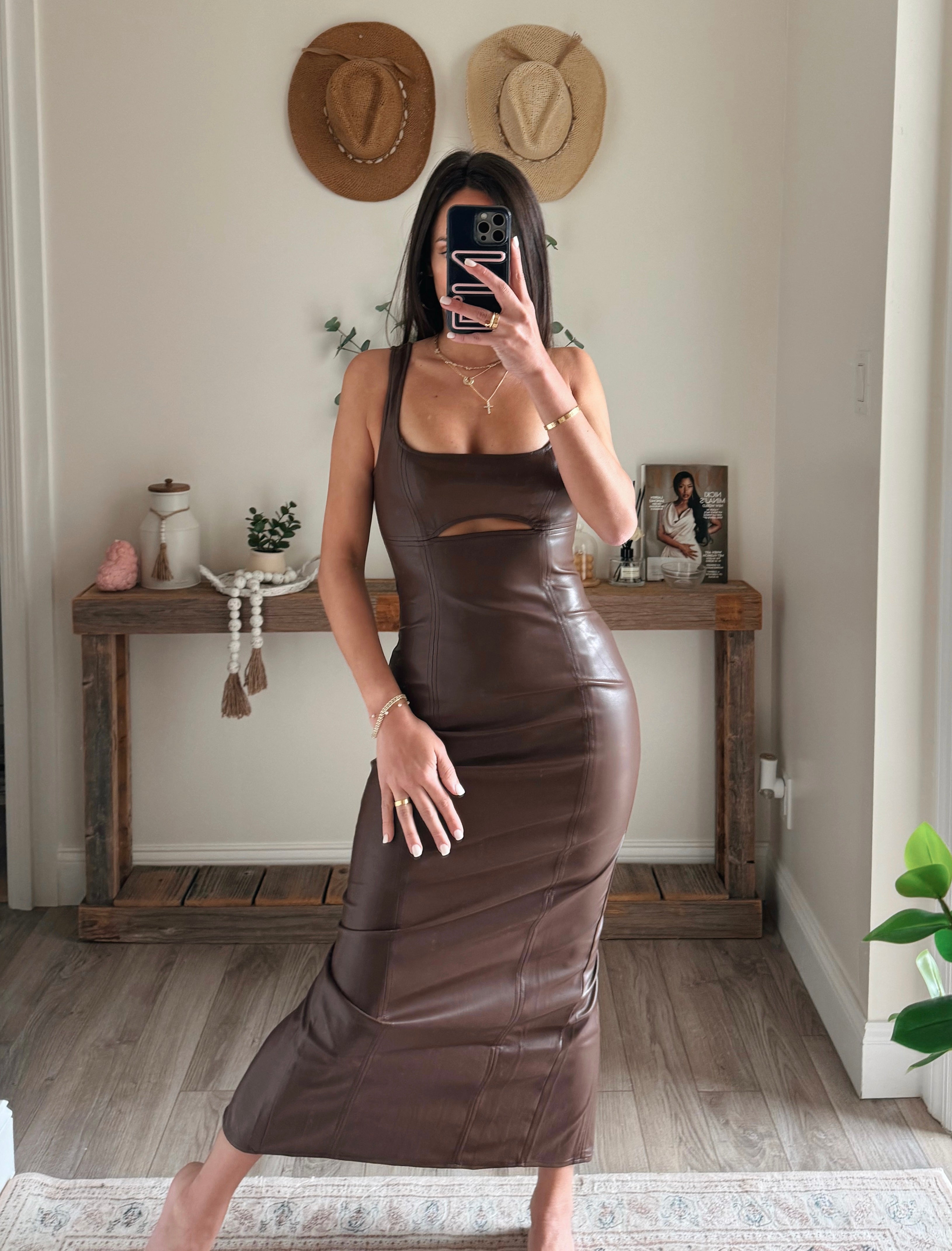 Pu Leather Cutout Maxi Dress - Brown Pu Leather Cutout Maxi Dress - Brown