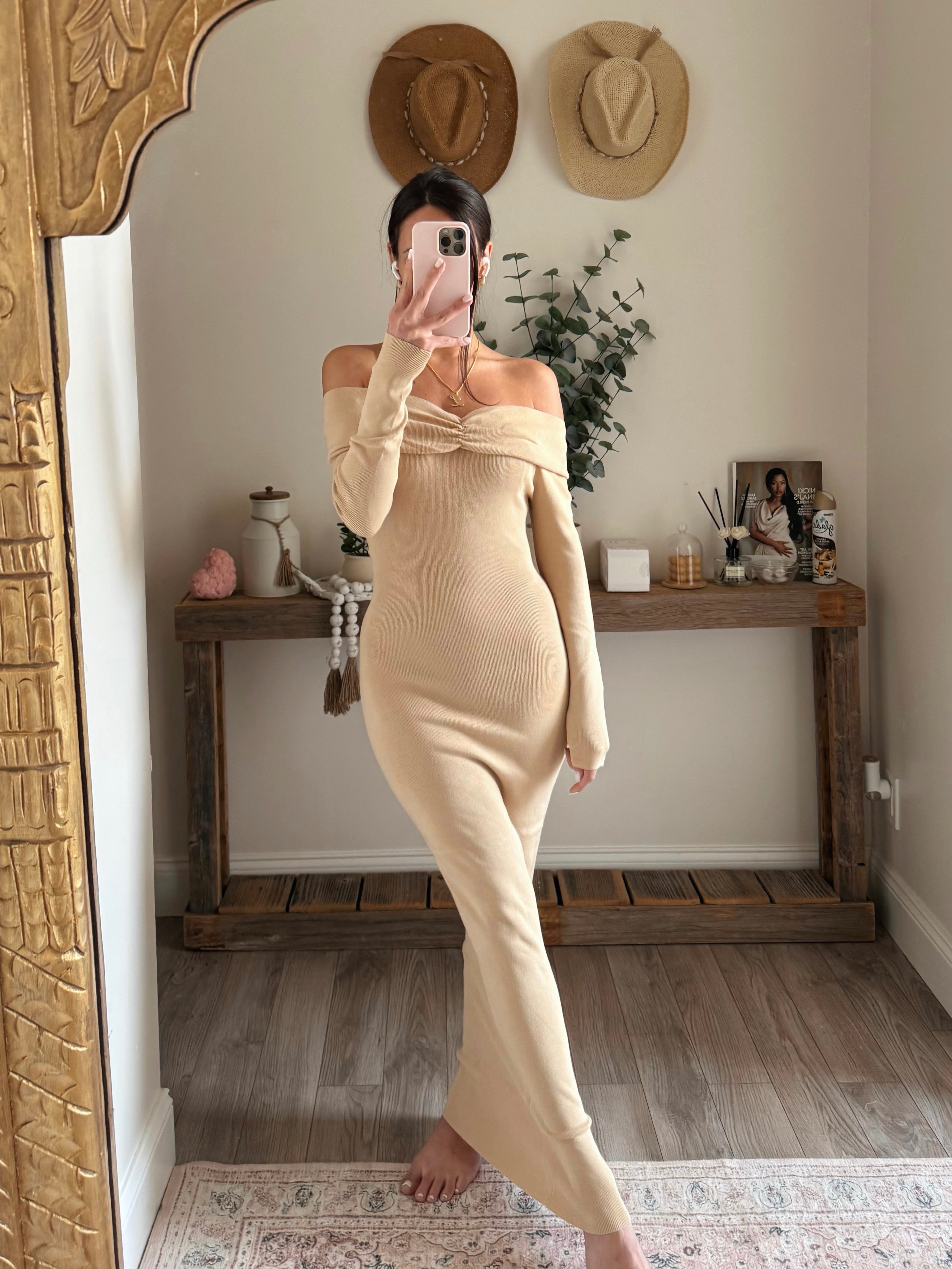 Fold Down Long Sleeve Dress - Nude SHOP LYSS + LIN Fold Down Long Sleeve Dress - Nude SHOP LYSS + LIN