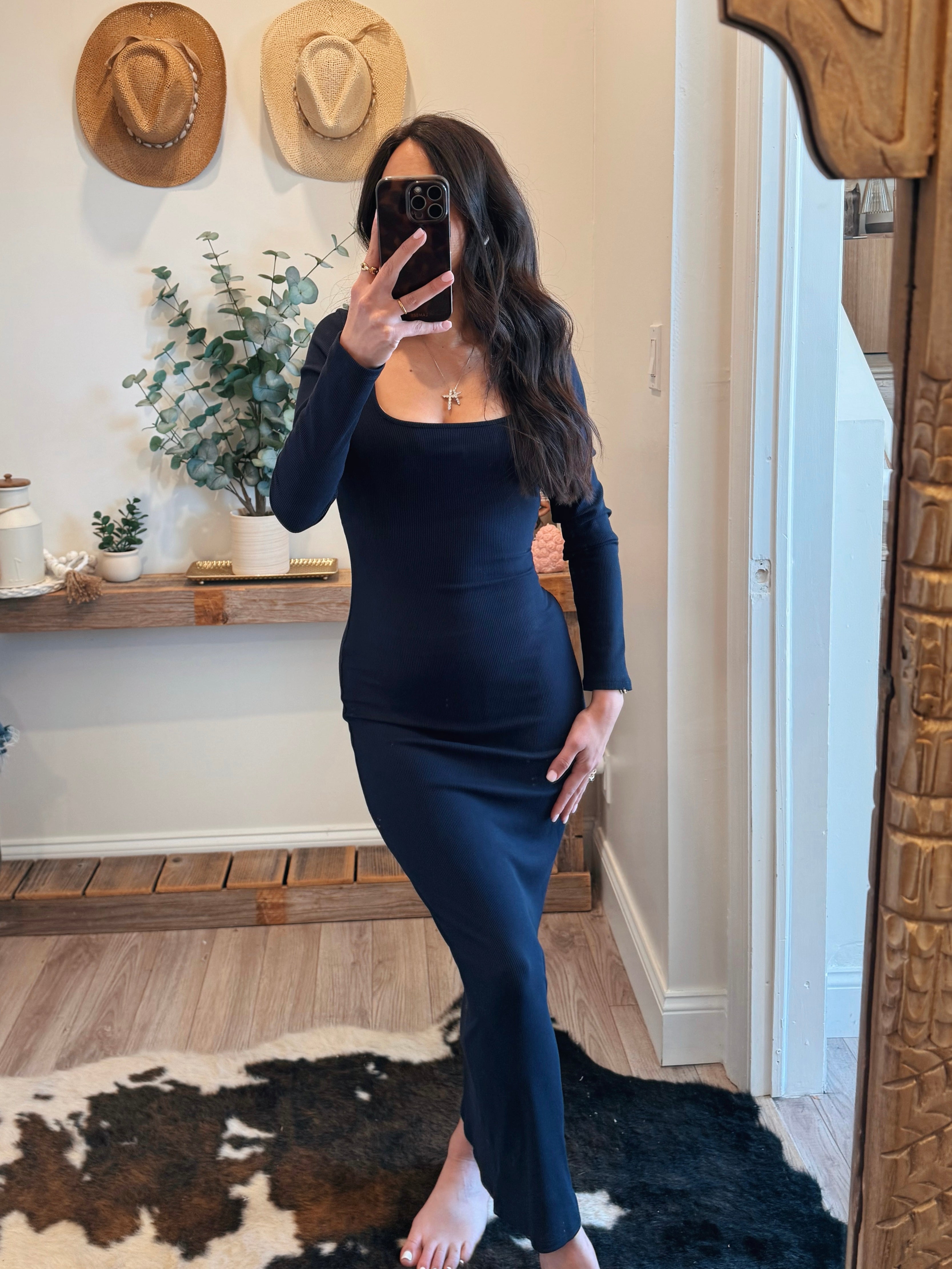 Dark Blue Ribbed Knit Slit Square Neck Long Sleeve Dress L Dark Blue Ribbed Knit Slit Square Neck Long Sleeve Dress L