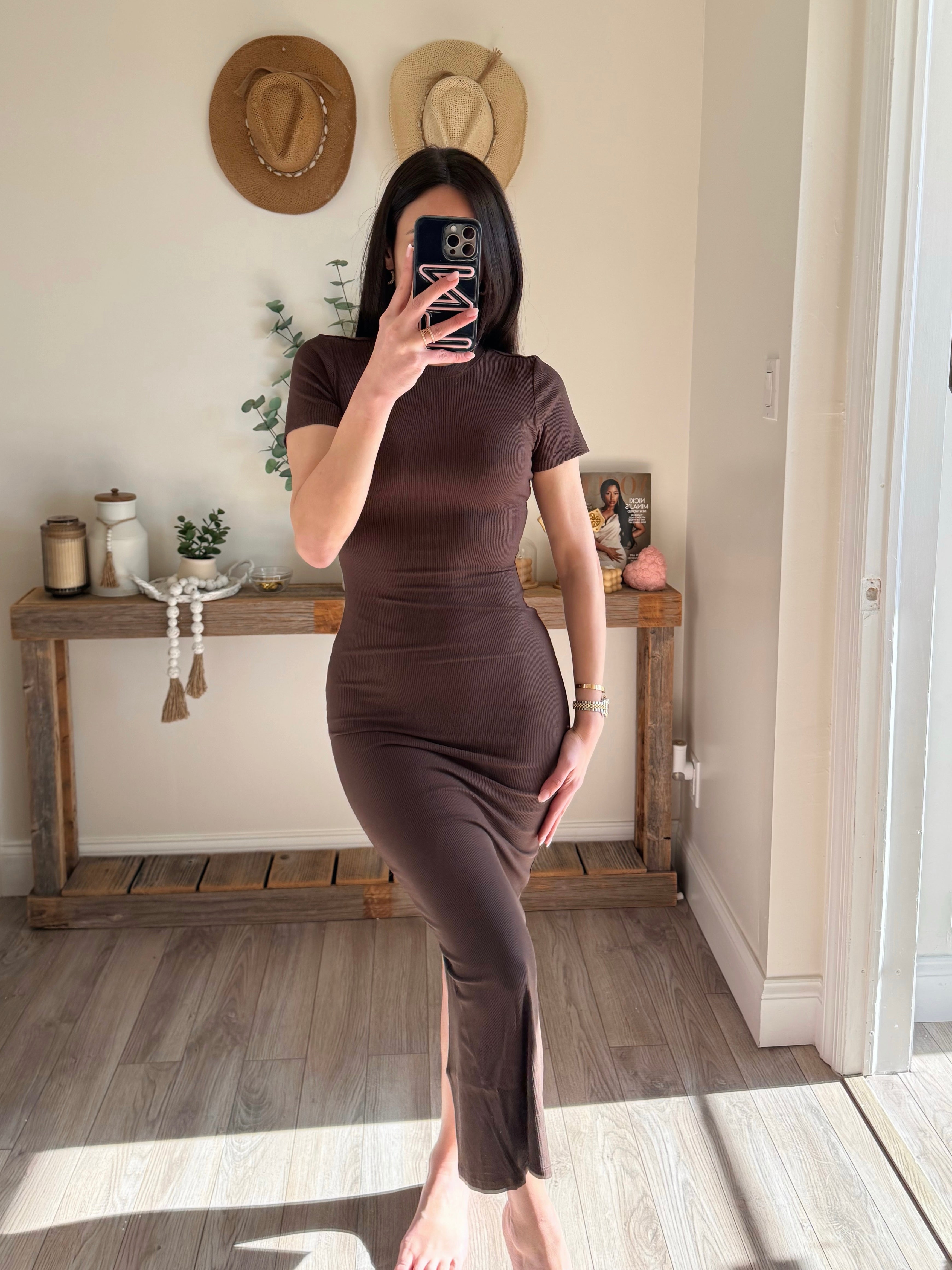 Brown Ribbed Knit Slit T Shirt Midi Dress L Brown Ribbed Knit Slit T Shirt Midi Dress L
