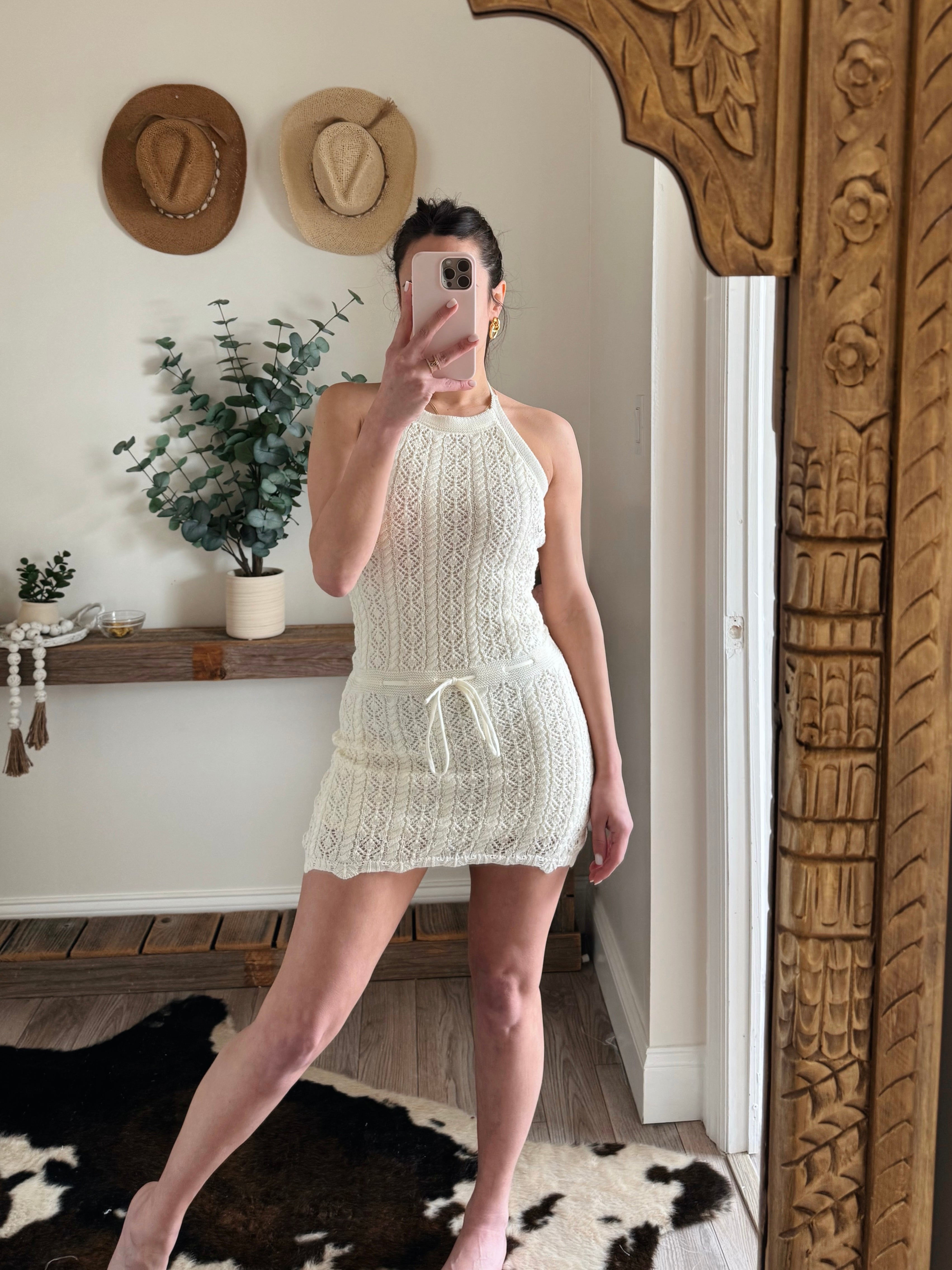 Cable Knit Crochet Halter Mini Dress S Cable Knit Crochet Halter Mini Dress S