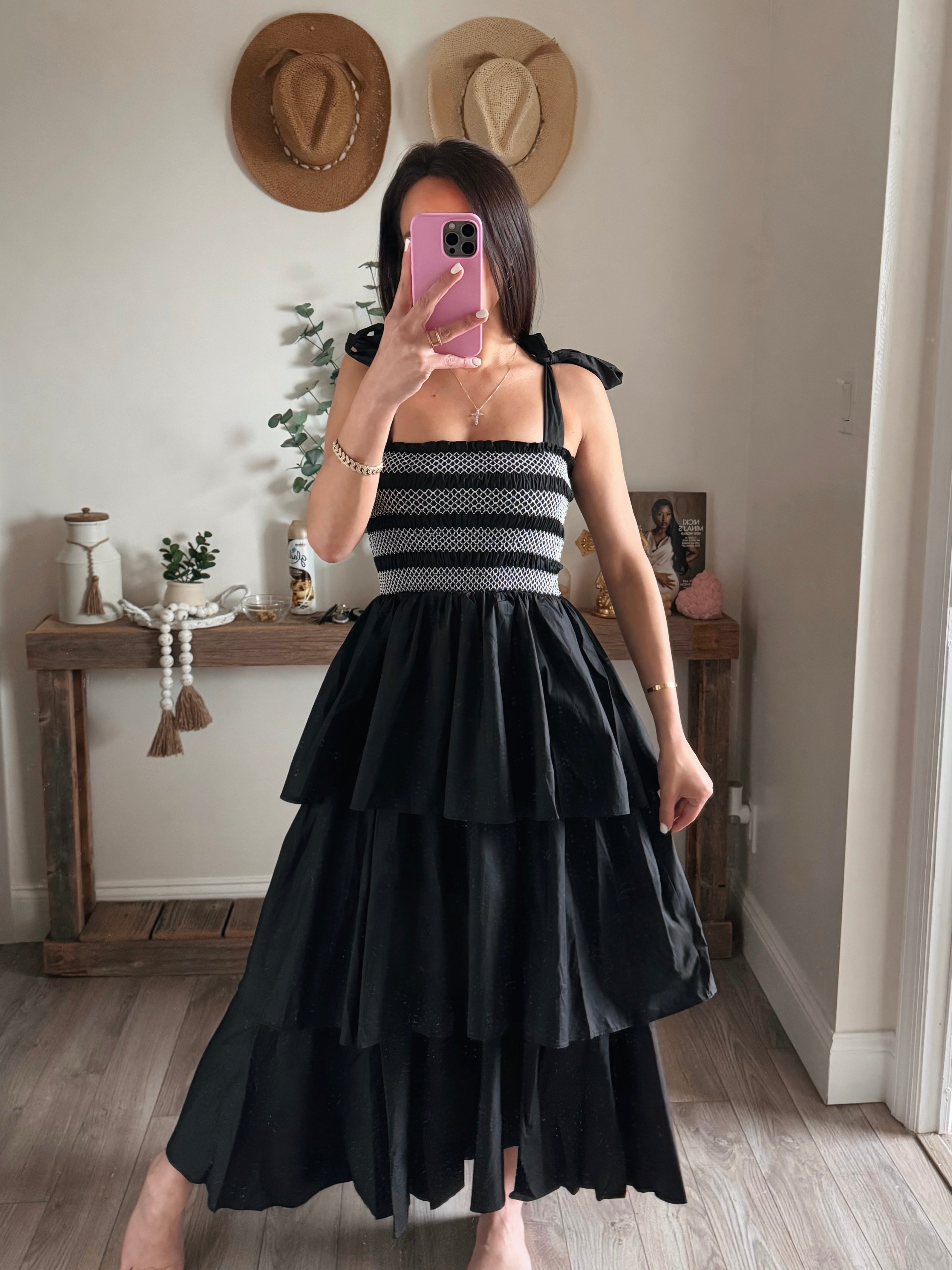 Black Smocked Tiered Maxi Dress M Black Smocked Tiered Maxi Dress M