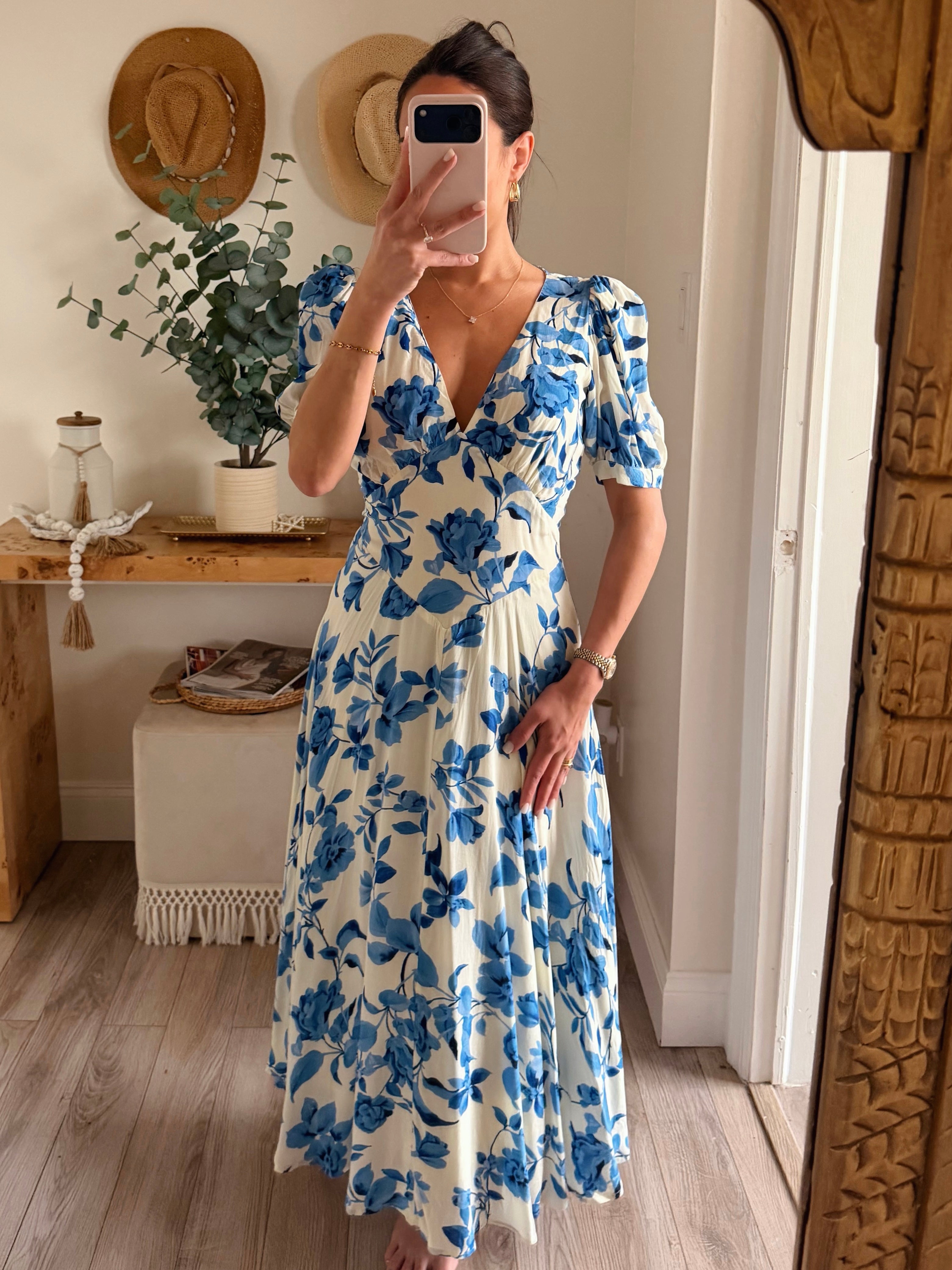 Cream/Blue Carrie Floral Puff Sleeve Maxi Dress M