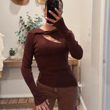 Brown Twisted Front Ribbed Sweater Top W Asymmetric Hem
