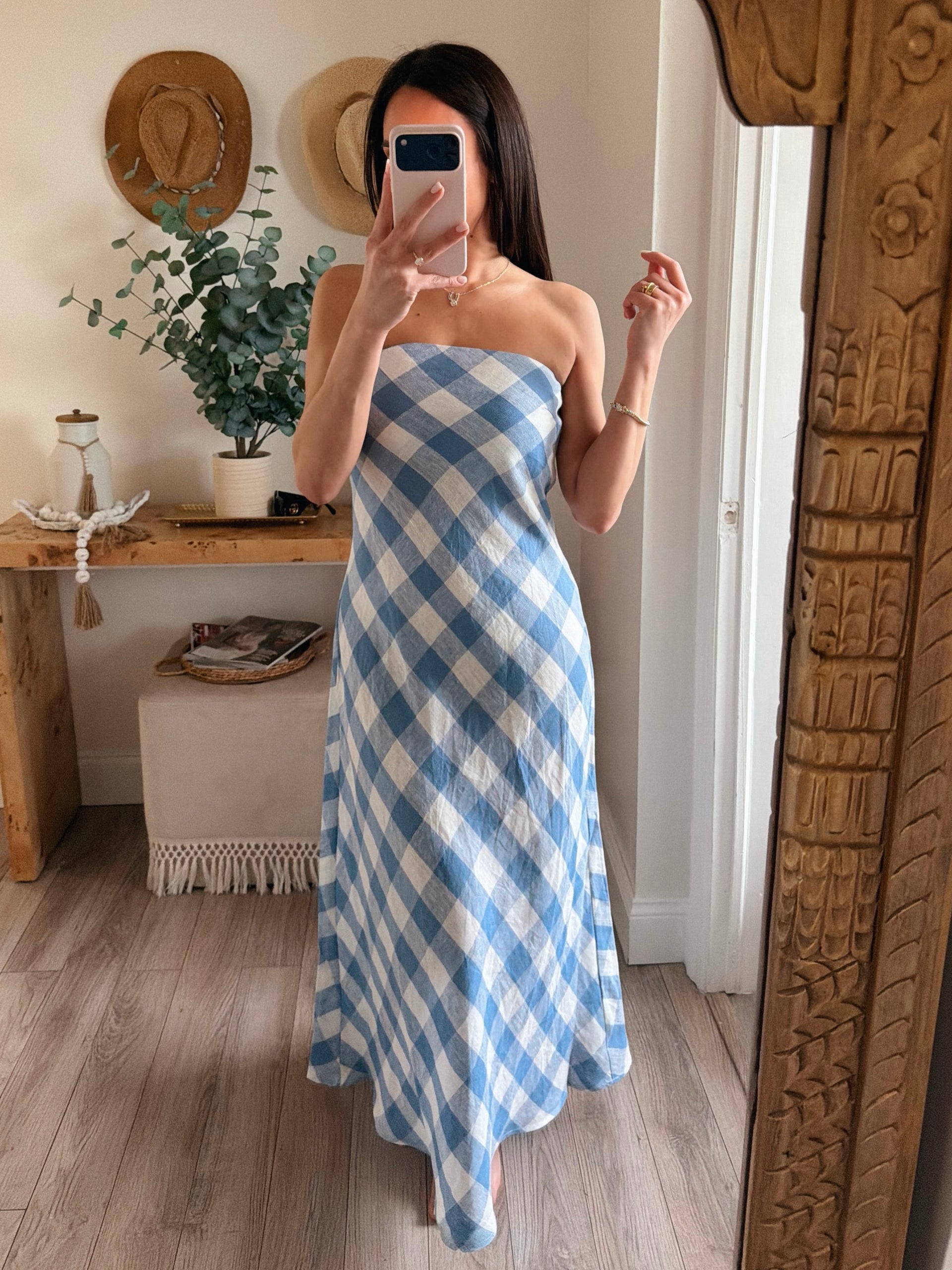 Maisy Gingham Strapless Linen Maxi Dress S