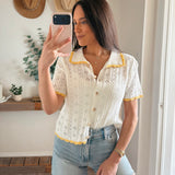 Ivory/Yellow Pointelle Knit Button-Front Top