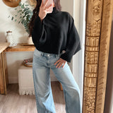 Black Mock Neck Dolman Sleeve Knit Sweater