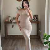 Asymmetric Off Shoulder Ruched Maxi Dress - Tan