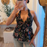 Floral Check-Print Smocked Babydoll Halter Top