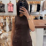 Brown Linen Button Down Vest Top
