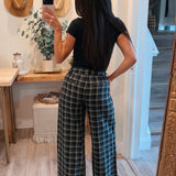 Navy Plaid Pleated Wide Leg Trousers
