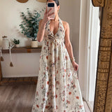 Floral-Print Smocked Halter Paneled Maxi Dress