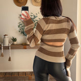Cream-Sand Back Cutout Stripe Sweater Knit Top