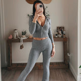 KINT SWEATER HOODIE CROP TOP & LONG PANTS SET - HEATHER GRAY