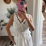 Cream Embroidery Smocking Waist V-Neck Top