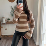 Cream-Sand Back Cutout Stripe Sweater Knit Top