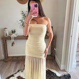 Butter Yellow Ruched Mesh Dress with Handkerchief Hem