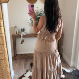 Beige Embroidery Smocking Waist V-Neck Top