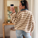 Weekender Striped Denim Collared Zip Up - Beige