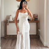 Striped Floral Lace Drop-Waist Ruched Halter Maxi Dress