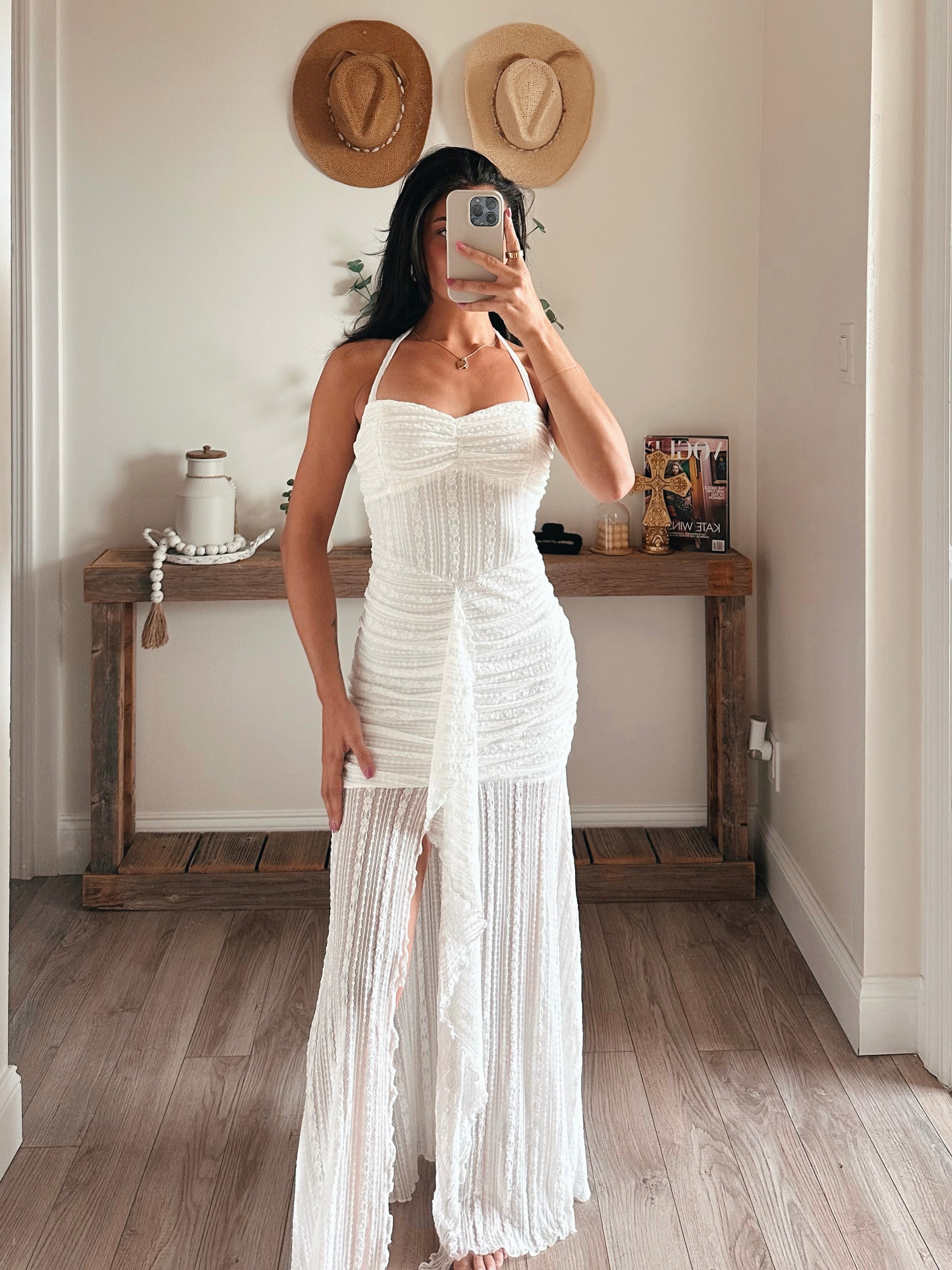 Striped Floral Lace Drop-Waist Ruched Halter Maxi Dress L Striped Floral Lace Drop-Waist Ruched Halter Maxi Dress L