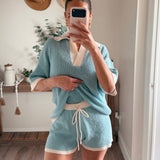Light Chambray Striped Rib-Knit Collared Split-Neck Top