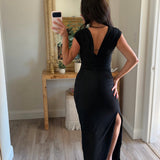 Ruched V-Neck Thigh Slit Maxi Dress