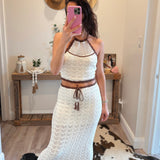 Halter Neck Openwork Contrast Edge Sweater Crop Top