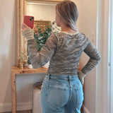 CAMERON GREY WASHED CAMO STRIPED LONG SLEEVE TOP