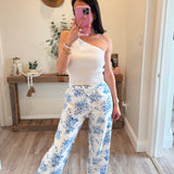 Blue Floral Printed Tie Waist Pants