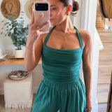 Seagreen Ruched Span Jersey Halter Neck Tank Top