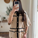 Natural Striped Pointelle Crochet Cardigan