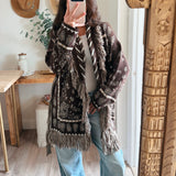 Chocolate Paisley Pattern Knit Open Front Shawl Collar Cardigan
