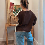 Brown-Taupe Textured Colorblock Knit Rolled-Edge Sweater