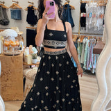 Boho Black/Gold Tiered Midi Skirt