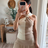 Wheat Seashell Embellished Twisted Halter Top