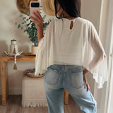 White Cape Sheer Top With Asymmetrical Hem
