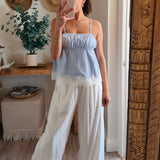 Wavey Lace-Trimmed Striped Peplum Top