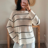 Striped Semi-Sheer Lightweight Knit Loose-Fit Sweater