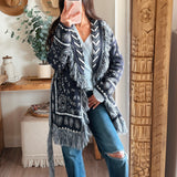 Navy Paisley Pattern Knit Open Front Shawl Collar Cardigan