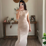 Asymmetric Off Shoulder Ruched Maxi Dress - Tan