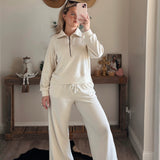Cream Soft Ribbed Wide Leg Sweats