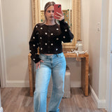 Polka Dot Jacquard-Knit Button-Up Crew-Neck Cropped Cardigan