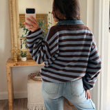 Weekender Striped Denim Collared Zip Up - Blue/Brown