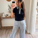 Blue Striped Cotton Wide-Leg Drawstring Pants