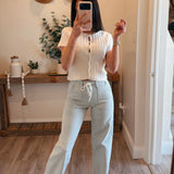 Lovervet Drawstring Elastic Waistband Striped Wide Jeans