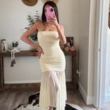 Butter Yellow Ruched Mesh Dress with Handkerchief Hem